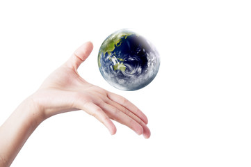 Hand with earth globe isolated on white background