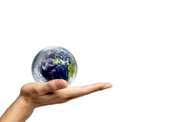 Hand with earth globe isolated on white background