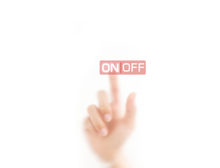 man finger pressing ON button, isolated on a white background.