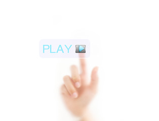 man finger pressing a play button, isolated on a white backgroun