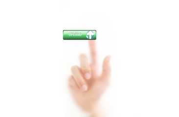 man finger pressing a upload button, isolated on a white backgro