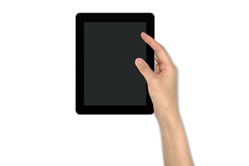 a male hand holding a touchpad device