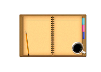 isolated red notebook with coffee cup on white background