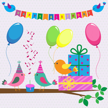 Vector birthday card with cute birds