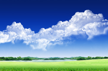 Green field and sky blue with white cloud