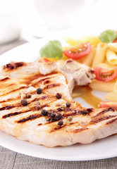 grilled meat and pasta