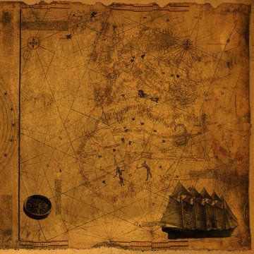 Fototapeta Vintage Map With Compass and Ship