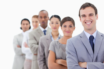 Big close-up colleagues in a single line looking straight