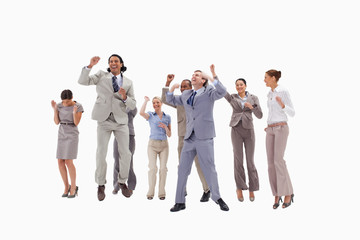 Obraz premium Very happy business people jumping