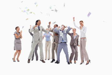 Obraz premium Very enthusiast people with money falling from the sky