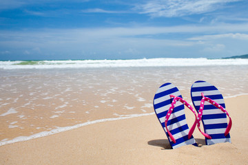 Colorful flipflop pair on sea beach