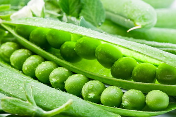 Pods of green peas on a background of leaves.