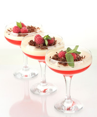 fruit jelly with chocolate and raspberries in glasses isolated