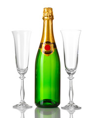Bottle of champagne and goblets isolated on white.