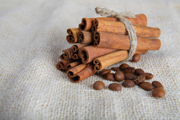 Cinnamon sticks and coffee beans on cotton canvas