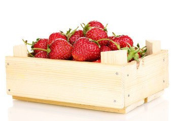 Sweet ripe strawberries in crate isolated on white