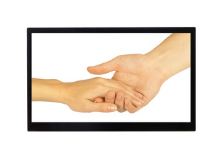 Shaking hands of two people, man and woman, in monitor isolated
