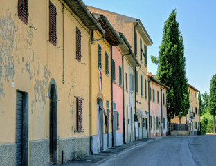 Italian small town view with a cypress tree