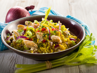 rice salad with chicken celery onions and chili pepper