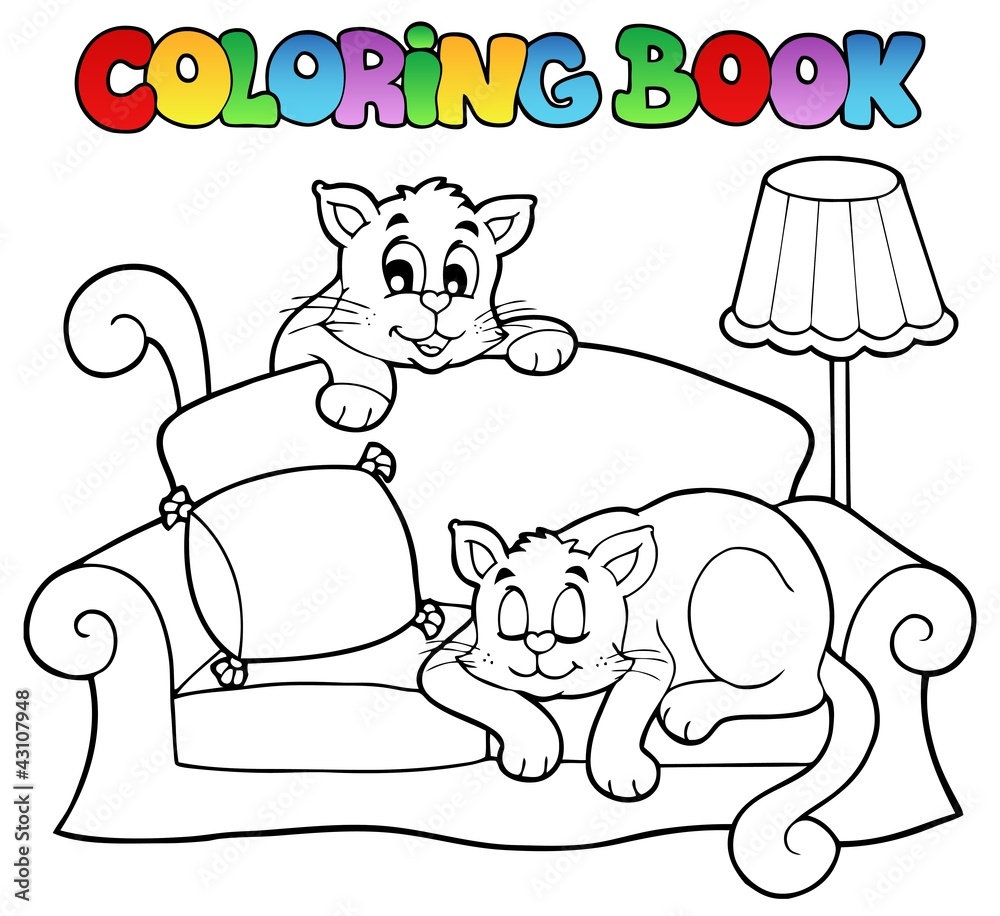 Sticker coloring book sofa with two cats