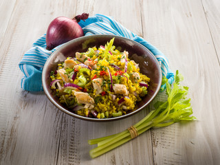 rice salad with chicken celery onions and chili pepper