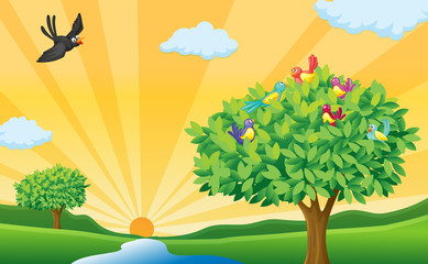 arbre, oiseaux et rayons de soleil