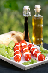 Tomaten-Mozzarella-Spieße, Balsamico, Olivenöl, Textraum, Hochformat, copy space