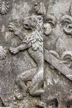 image of lion on the coat of arms in Lourdes, France