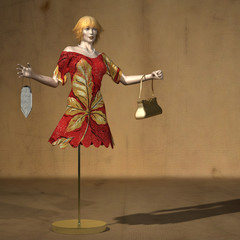 Schaufensterpuppe mit Kleid und Handtaschen