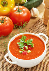 Gazpacho and ingredients on a table, vegetable soup