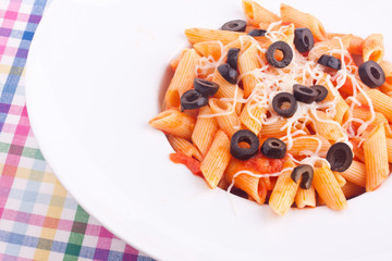 Penne with tomato sauce and mozzarella,olive