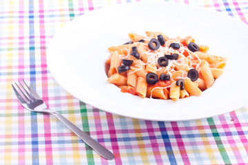 penne pasta with tomato sauce and mozzarella,olive