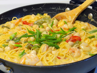 Fresh Pasta and Seafood in a Cream Sauce with Green Onions