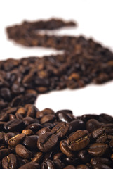 Row of coffee beans on white background
