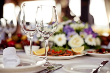 Empty glasses set in restaurant