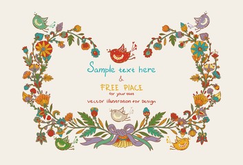 Flowers decor frame with leafs, birds and hearts