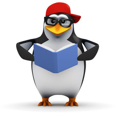 3d Penguin in baseball cap reading a book