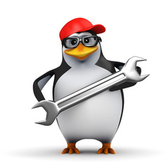 3d Penguin in baseball cap with spanner