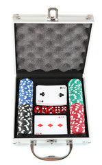 Poker set in metallic case isolated on white background