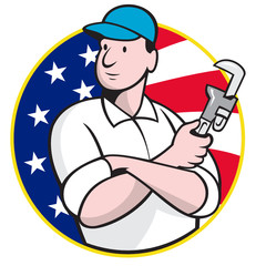 American Plumber Worker With Adjustable Wrench