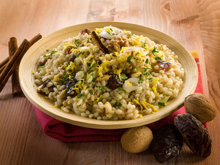 cold barley salad with dates cinnamon nuts and grated peel of le