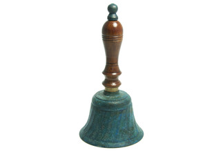 green metal and wooden bell