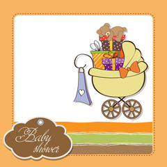 baby shower card with gift boxes in the pram