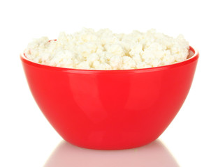 cottage cheese in red bowl isolated on white