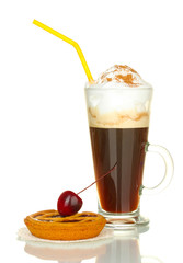 glass of coffee cocktail with tart on doily isolated on white