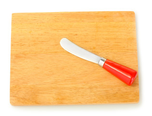Cutting board with knife for cheese isolated on white close-up