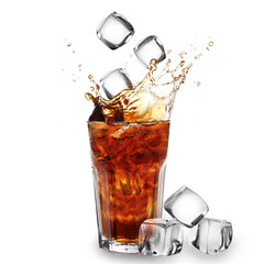 Cola glass with falling ice cubes over white - obrazy, fototapety, plakaty