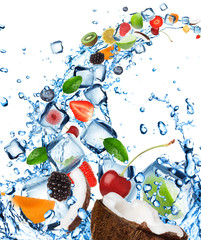 Fresh fruit in water splash with ice cubes