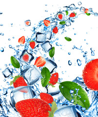 Fresh strawberries in water splash with ice cubes