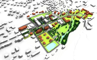 render of a city model in green and white